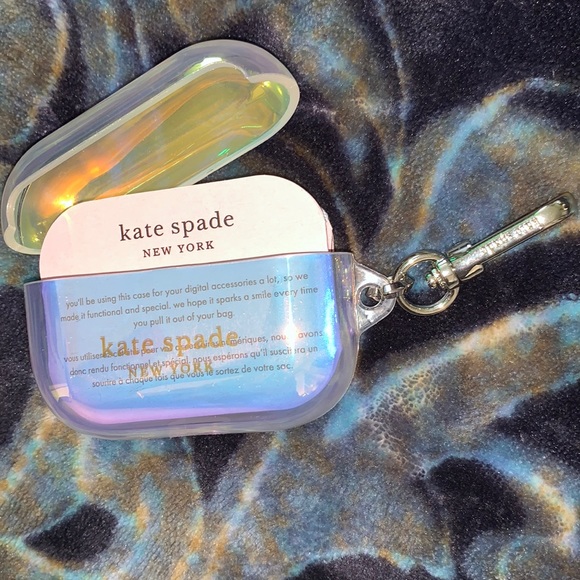 New Kate spade Apple AirPod Pro Case Shiny iridescent w keychain clip silver - Picture 3 of 6